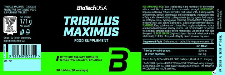 Nutritional values and ingredients Biotech USA Tribulus Maximus (90 Piece, Pills)