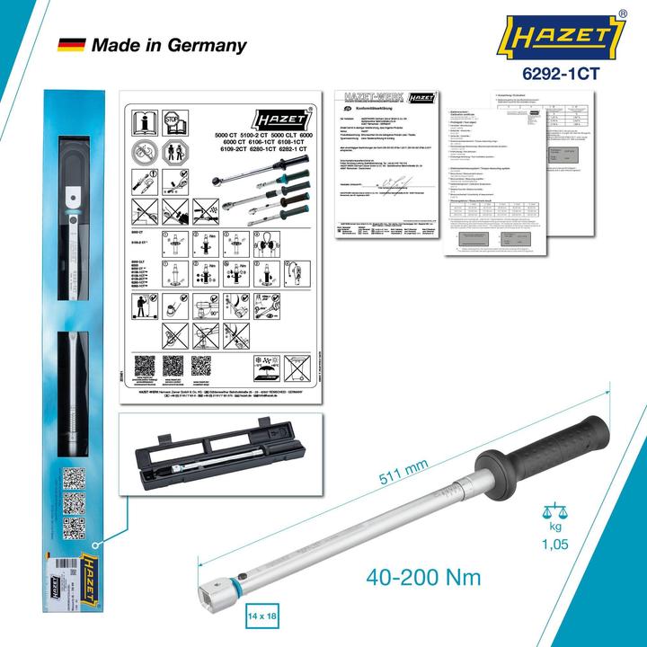 Actual product image HAZET Torque wrench 6292-1CT ∙ Nm min-max: 40 - 200 Nm ∙ Tolerance: 2% ∙ Insert square 14 x 18 mm (40 Nm, 200 Nm)