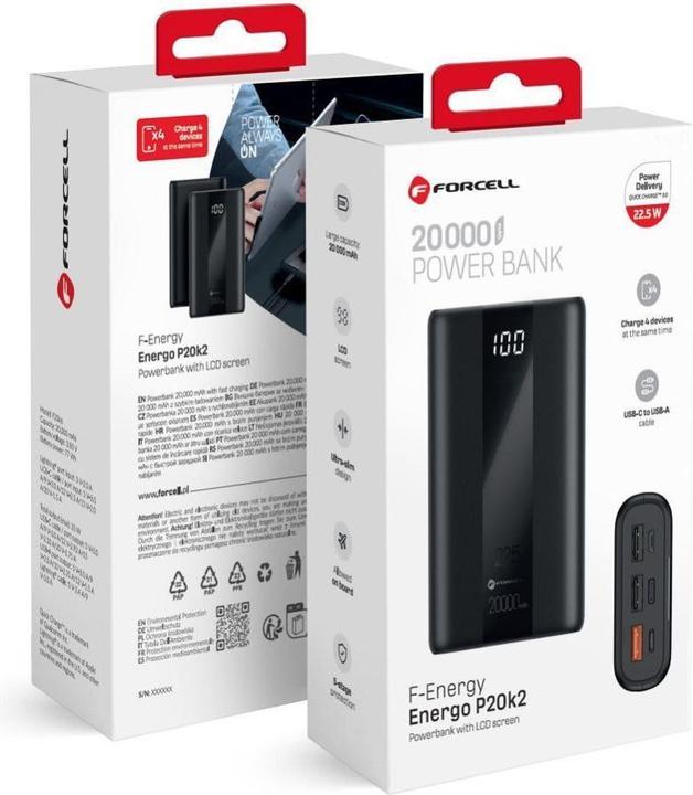 Produktbild Forcell Power bank F-ENERGY P20K2 Energo powerbank PD QC3.0 3A 22,5W 20000 mAh black (20000 mAh, 22.50 W, 77 Wh)