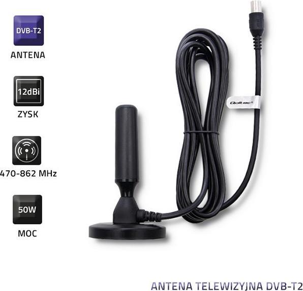 Image du produit Qoltec TV-Antenne DVB-T2 (Antenne tige, 12 dB, DVB-T / -T2)