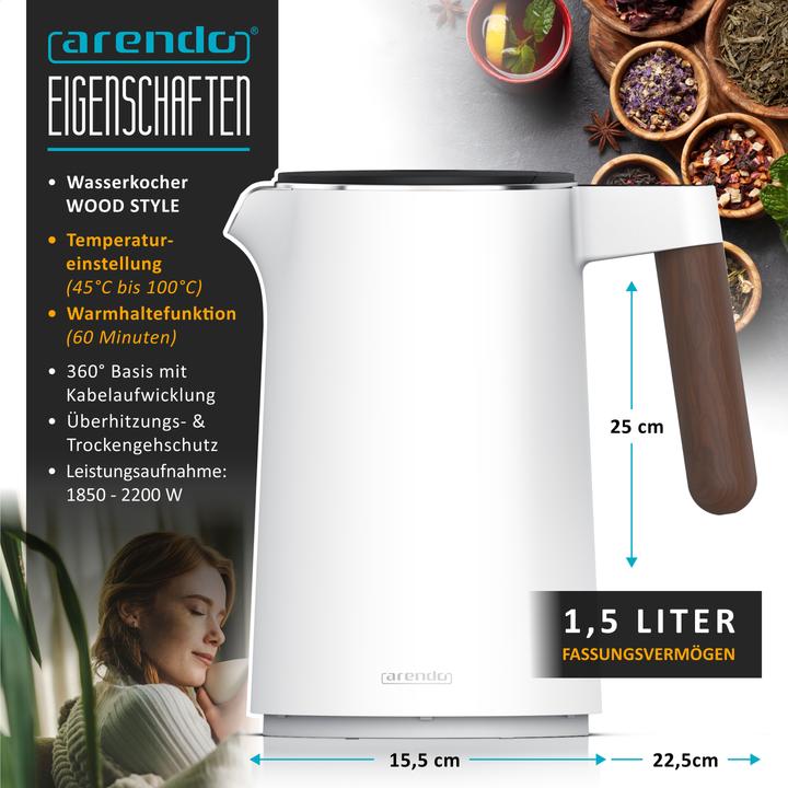 Actual product image Arendo Wasserkocher 1,5 L Edelstahl, Warmhaltefunktion, Temperatureinstellung, Griff in Holzoptik, 2200 W (1.50 l)