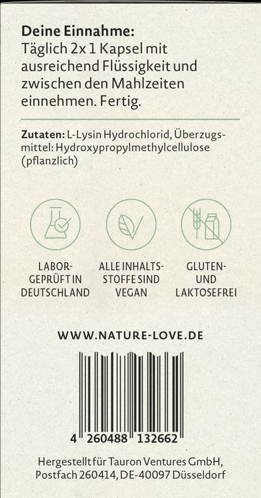Valori nutrizionali e ingredienti Nature Love L-lisina (180 Pezzo/i, Pillole, 107 g)