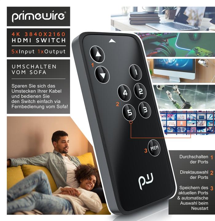 Produktbild Primewire HDMI 2.0 Switch, 5-Port Ultra HD 4K HDMI Umschalter mit Fernbedienung, 5x IN/1x OUT Verteiler