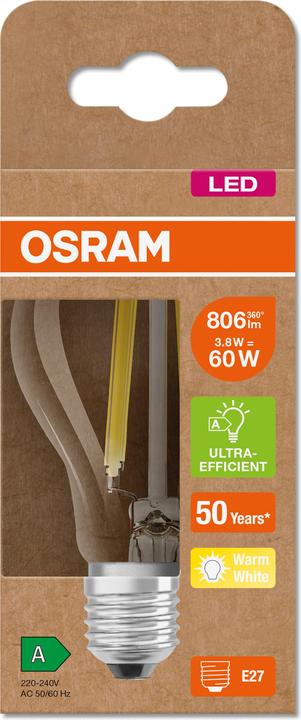 Image du produit Osram AMPOULES LED CLASSE ÉNERGIE A CLASSIC A 60 CL 4 W/3000 K E27 FIL (E27, 4 W, 806 lm, 1 x, A)