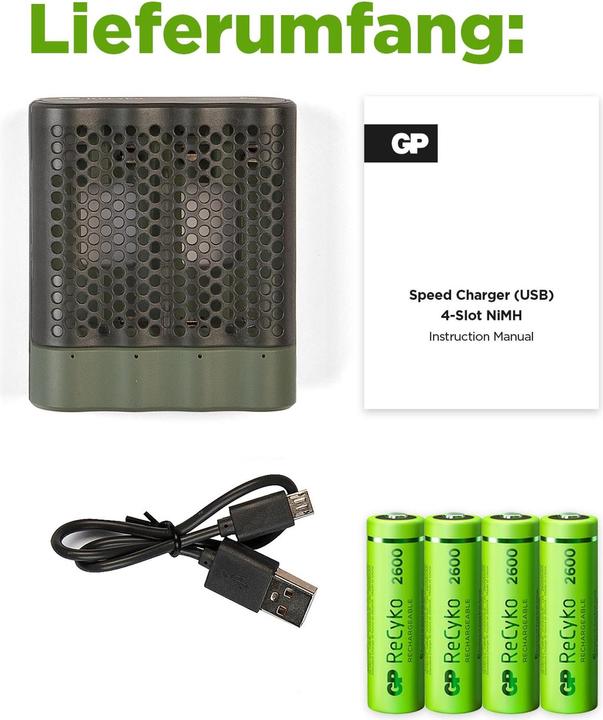 Produktbild GP Batteries ReCyko M451/270 4-Port USB Ladegerät inkl.4xAA NiMh 2600mAh (5 Stk., AA, 2600 mAh, Ladegerät inkl. Akku)