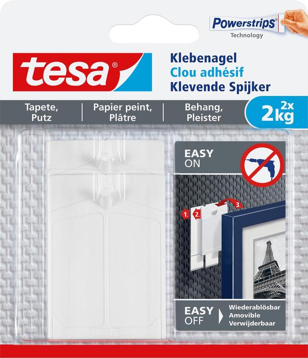 tesa Adhesive nail for wallpaper & plaster, 2kg holding power, removable without a trace & reusable, 2
