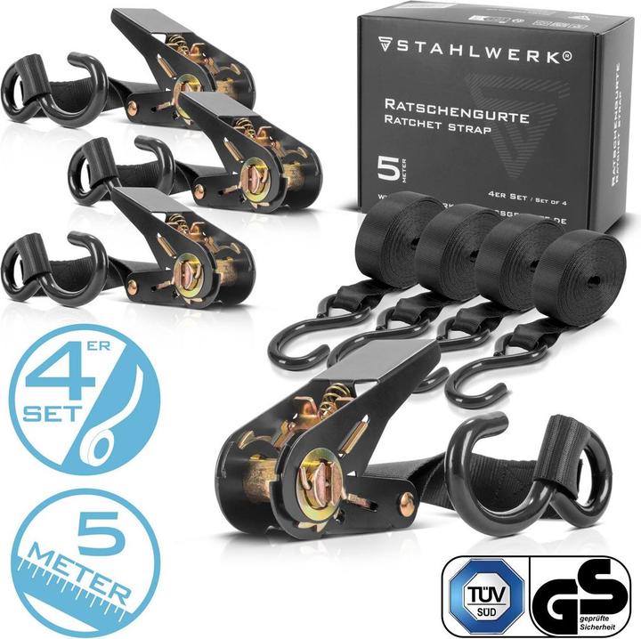 Actual product image Stahlwerk Ratchet strap with hook set of 4 5 m x 25 mm 800 kg lashing strap