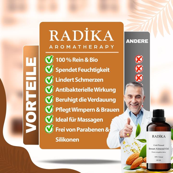 Image du produit Radika Huile d'amande douce, pressée à froid, 100% pure, BIO, naturelle, 100 ml (Huile pour le corps, 100 ml)