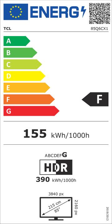 Etichetta energetica TCL Serie Q6C Smart TV QD-MiniLED 4K 85" 85Q6C, audio Onkyo 2.1, Dolby Vision IQ & Atmos, Google TV (85", Mini-LED, 4K, 2025)