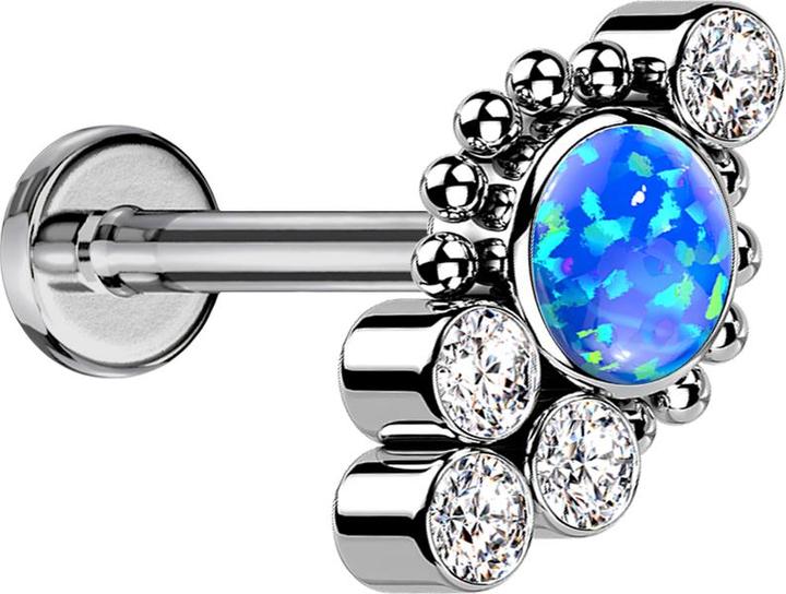 Star Piercing Micro Threadless Labret silber Kugeln vier Kristalle silber Opal blau (ohne Messing, Titan G23)