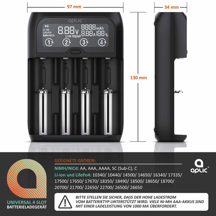 Produktbild Aplic Batterie Ladegerät 2000mA, Universal Akku Ladegerät für Li-ion, Ni-MH, Ni-Cd, LiFePo4 Akkus, Display (14500, 17500, 18500, 18650, 20700, 21700, 22650, 26500, 26650, C, A, AAA, AA, Ladegerät ohne Akku)