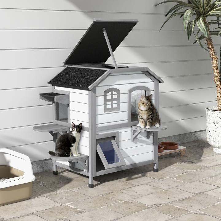Produktbild PawHut Katzenhaus Tannenholz Hellgrau+Weiss (Katze)