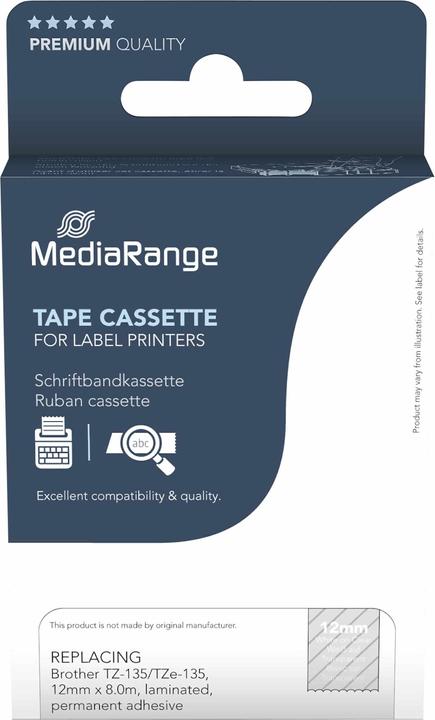 Produktbild MediaRange Schriftbandkassette weiÃŸ auf transparent 8m x 12mm (1.20 cm, Transparent)