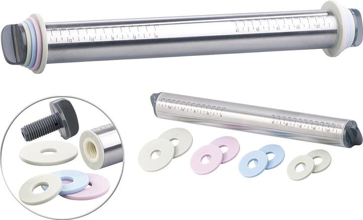 Produktbild Rosenstein & Söhne Höhenverstellbarer Edelstahl-Teigroller, 4 Paar Abstandsscheiben, 35cm