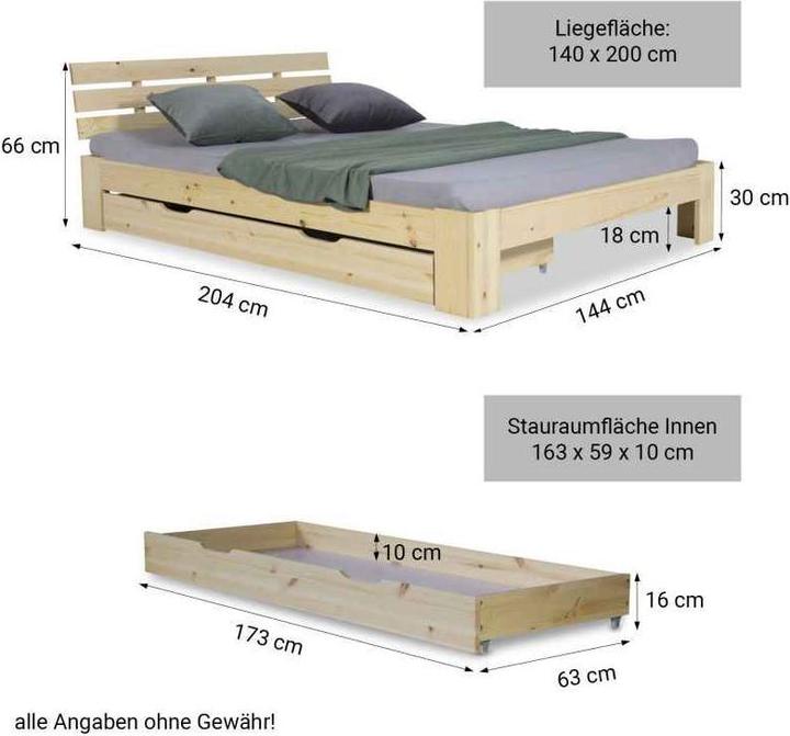 Produktbild Homestyle4u Holzbett mit Bettkasten & Lattenrost (140 x 200 cm)