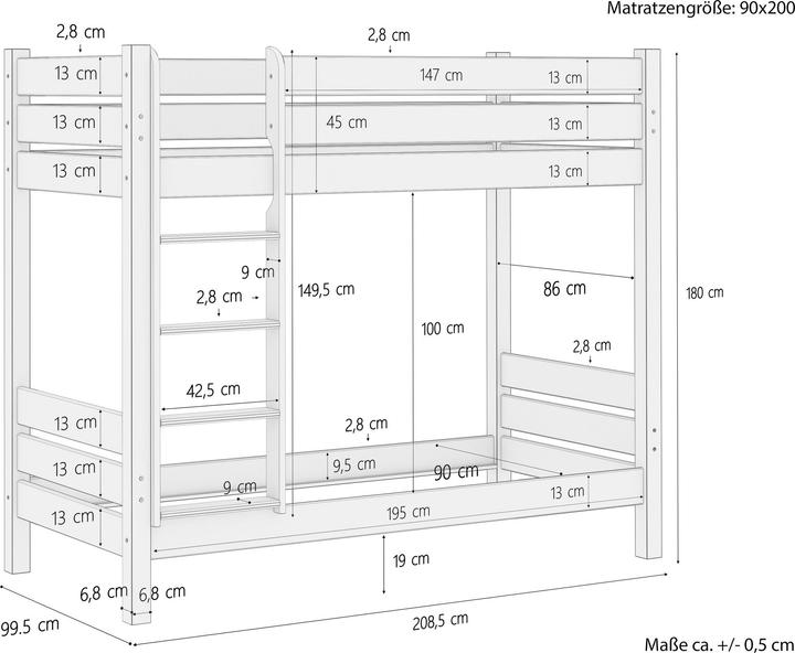 Nährwerte und Zutaten Erst-Holz Etagenbett für Erwachsene Kiefer 90x200 Rollrosten Nische 100 Massivholz-Stockbett 60.16-09 (90 x 200 cm)