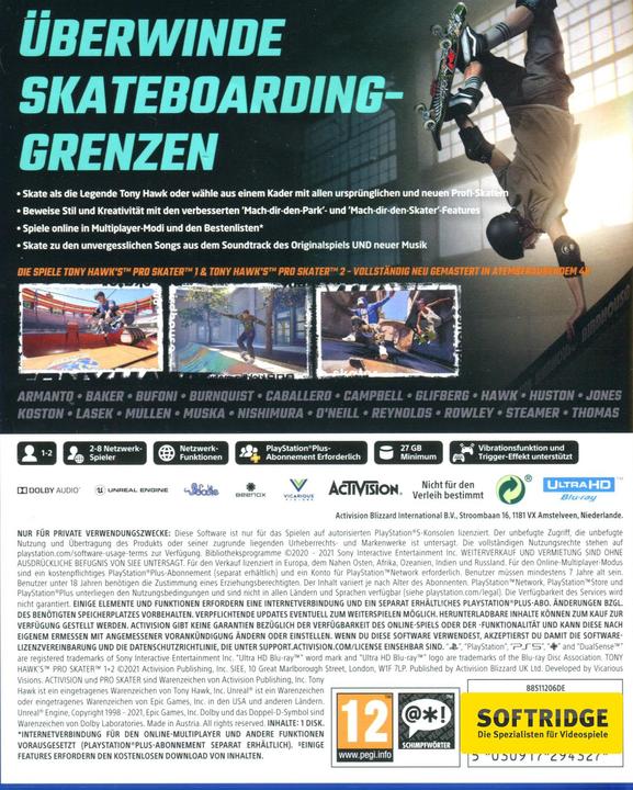Image du produit Activision Tony Hawk Pro Skater 1 + 2 (PS5, DE)