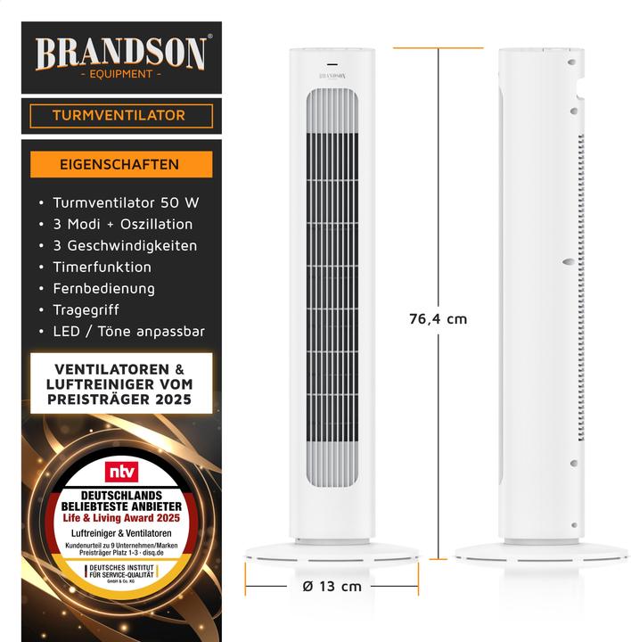 Produktbild Brandson Turmventilator, Fernbedienung, sehr leise, Oszillation, 3 Modi, Timer, 50 W, Standventilator 76cm (48 dB)