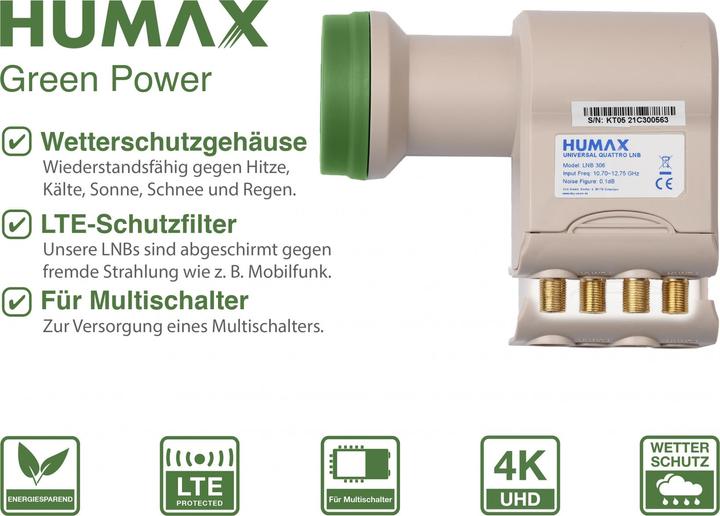 Immagine prodotto Humax Green Power LNB per multi-switch, protezione dalle intemperie, filtro LTE (Quattro LNB, 40mm)