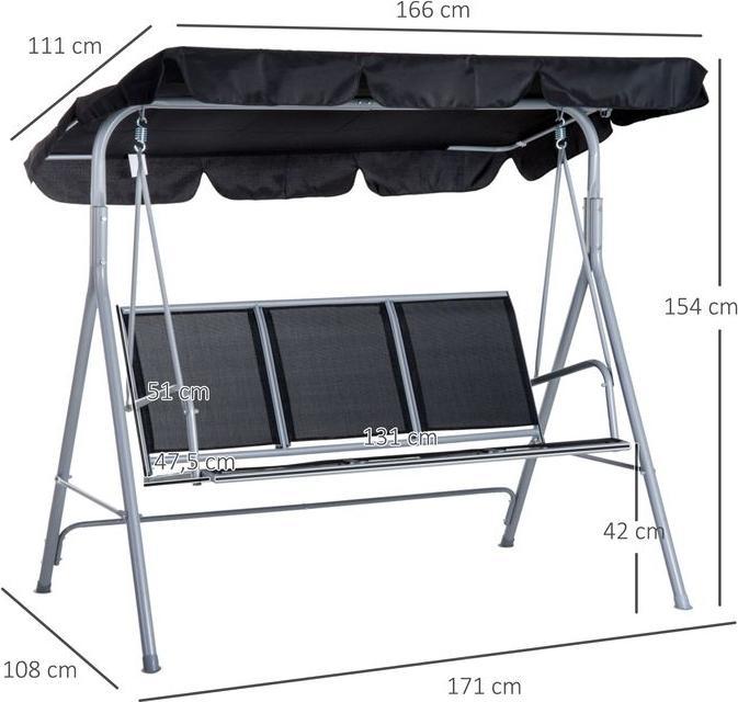 Produktbild Swisshandel24 Hollywoodschaukel 3-Sitzer Gartenschaukel Schaukelbank mit Dach Metall Schwarz+Silber 171 x 108 x 15