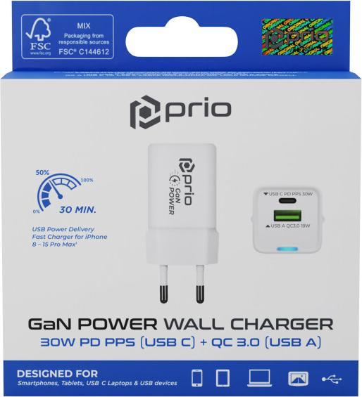 Produktbild prio Wandladegerät GaN Power 30W PD PPS (USB C) + QC 3.0 (USB A) weiss (30 W)