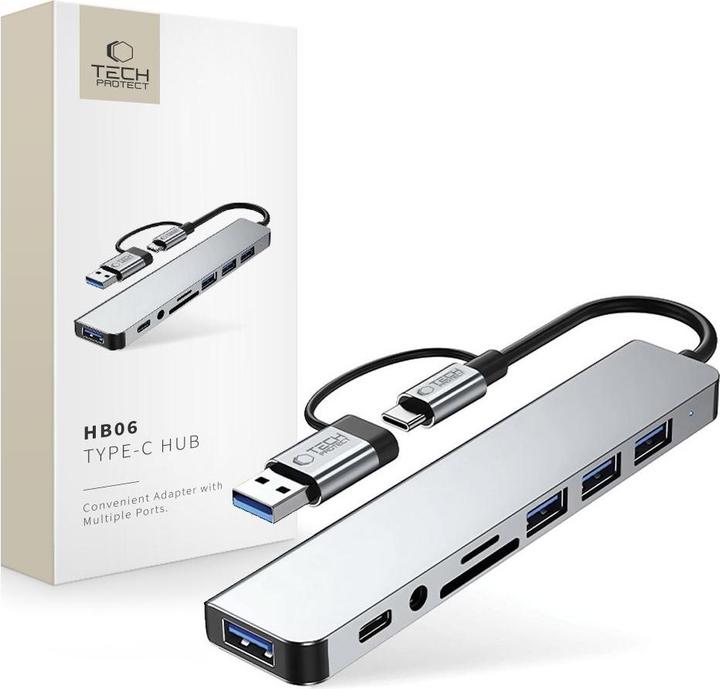 Immagine prodotto Tech-Protect HB06 HUB Adapter 8in1 TYPE-C + USB2.0 + USB3.0 + SD/TF + AV3.5 - gray (USB-C, 8 Porti)