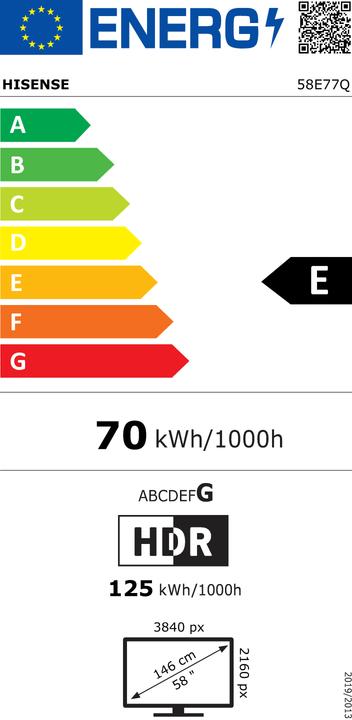Etichetta energetica Hisense 58E77Q (58", QLED, UHD, 2025)