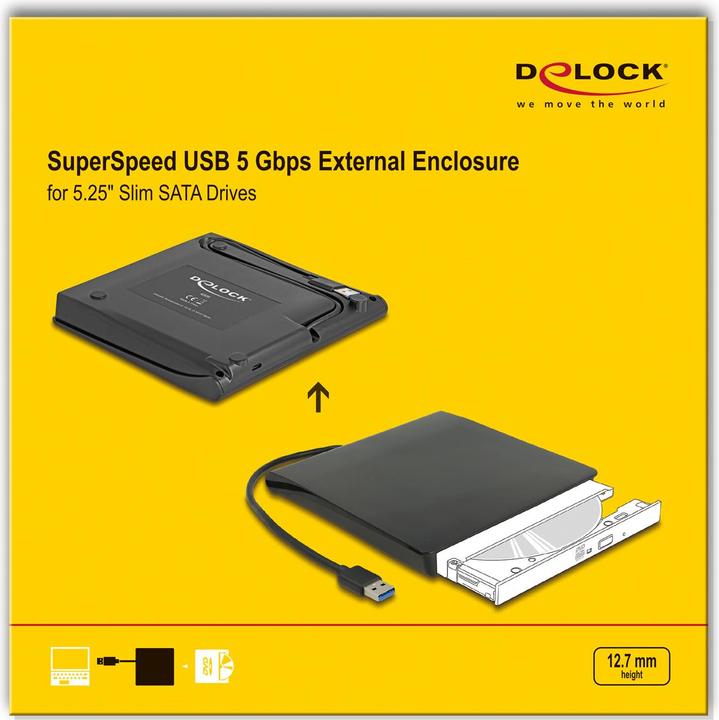 Productafbeelding Delock Externe behuizing voor 5,25" Slim SATA-schijven 12,7 mm naar SuperSpeed USB 5 Gbps Type-A connector (5.25")