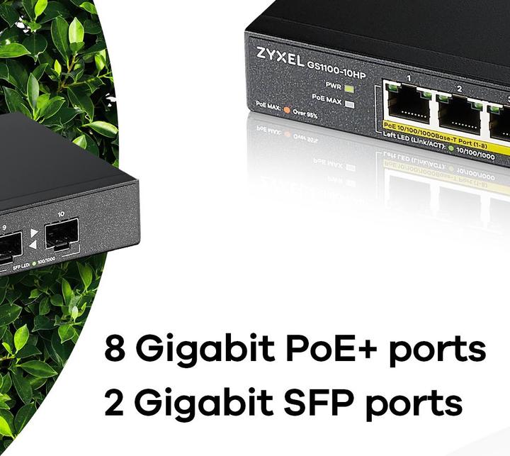 Actual product image Zyxel GS1100-10 v2, Gigabit desktop switch, 8x GbE PoE, 2x SFP, unmanaged, PoE budget (8 Ports)
