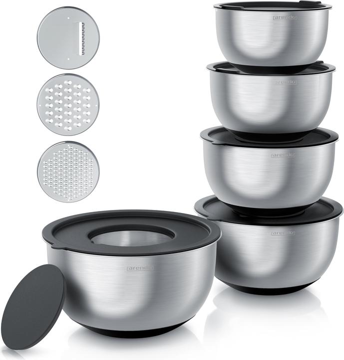 Arendo Salatschüssel 5er Set 1,6 bis 5L, Deckel, Edelstahl, Rührschüssel, Edelstahlschüssel, 3 Reibaufsätze (26 cm, 5 l, 5 x)