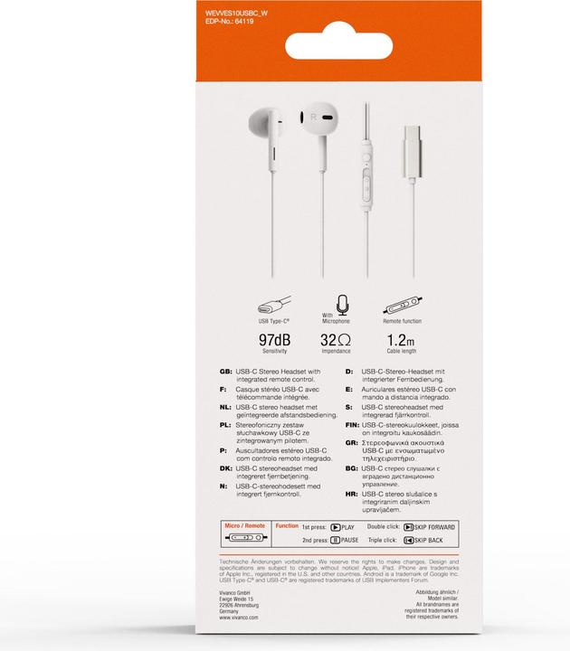 Produktbild Vivanco USB-C Capsule In-Ear Stereo Headset, weiss, kabelgebunden inkl. Fernbedienung (Kabelgebunden)