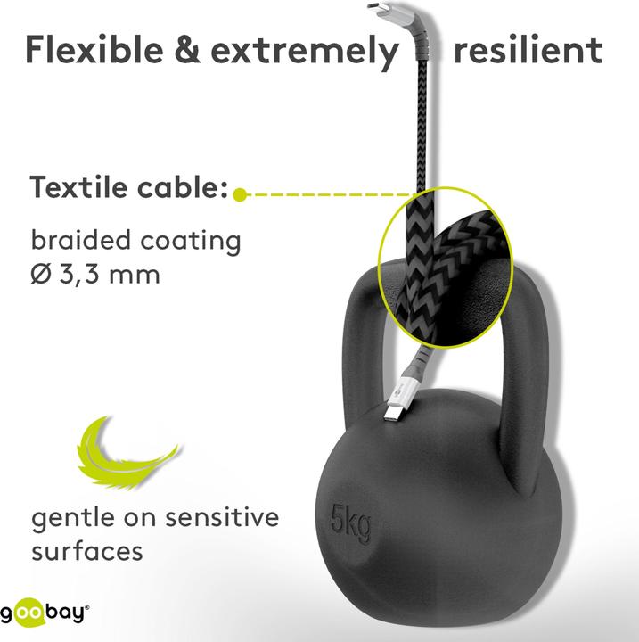 Produktbild Goobay Lightning auf USB-A Textilkabel mit Metallsteckern (space grau/silber) 2 m, 2 m, Schwarz-Grau (2 m, USB 2.0)