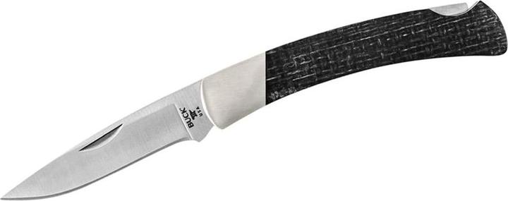 Actual product image Buck 501 SQUIRE, S35VN steel, stainless, back lock, black burlap micarta handle scales, nickel silver (7 cm)