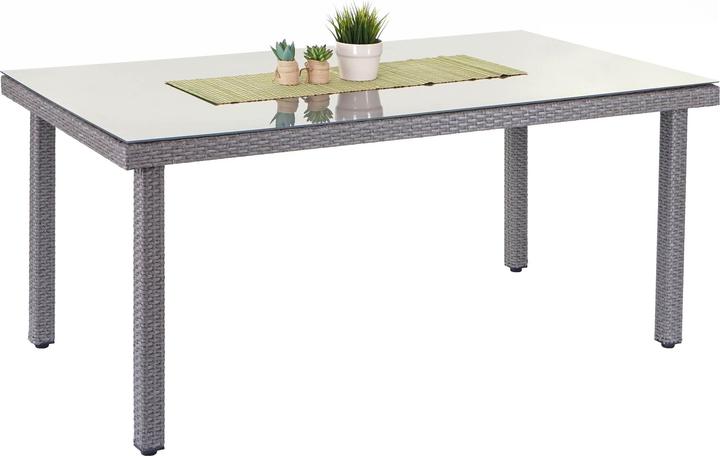 Produktbild Swisshandel24 Poly-Rattan Gartentisch Cava, Esstisch Tisch mit Glasplatte, 160x90x74cm - grau (160 cm)