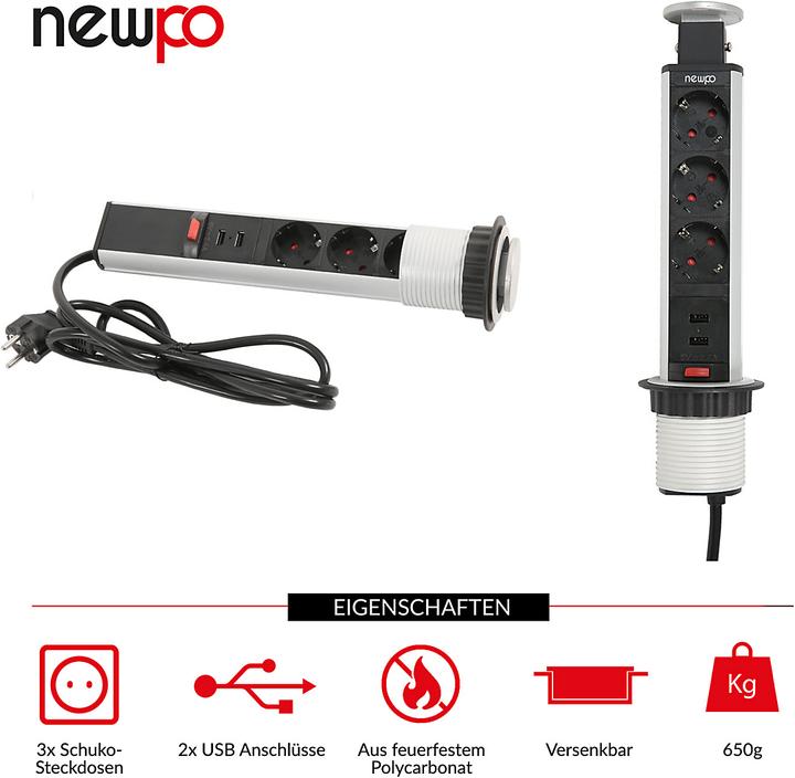 Produktbild Newpo Mehrfachsteckdose | 3x Steckdosen | 2x USB-Anschlüsse |