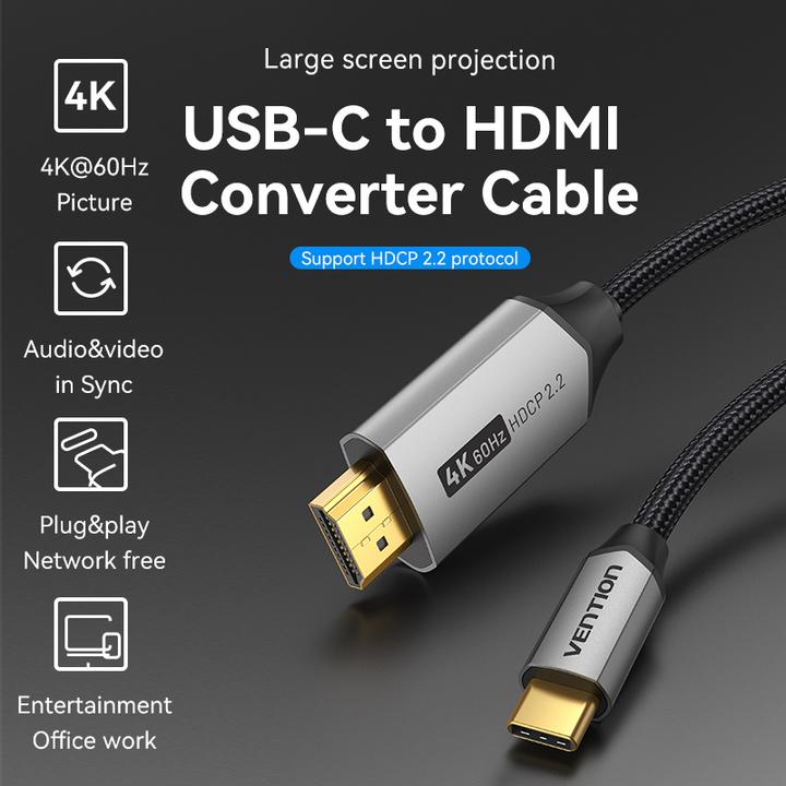 Actual product image Vention USB-C to HDMI Cable 2m CRBBH (Black) (2 m, HDMI)