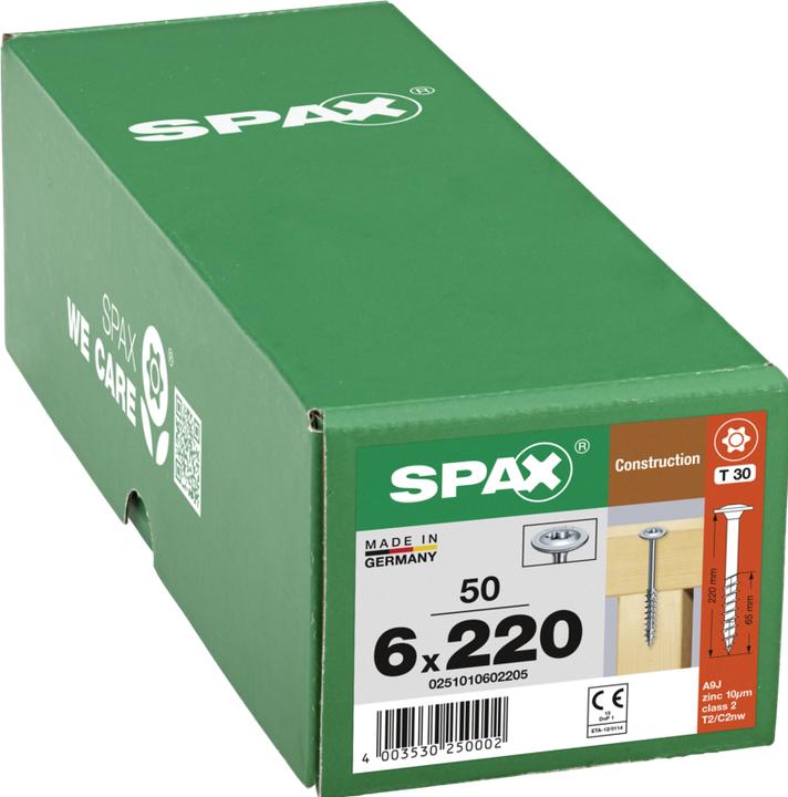 Produktbild Spax HI.FORCE Tellerkopf Schraube 6,0 x 220 mm 50 Stk. ( 0251010602205 ) Torx T-Star Plus T30 (1 Schrauben pro Stück)