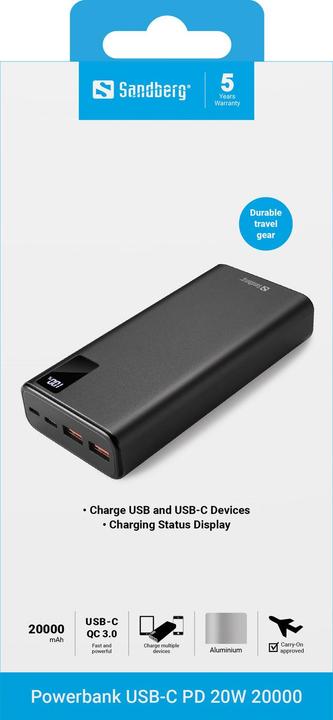 Image du produit Sandberg Banque de puissance (20000 mAh, 20 W, 74 Wh)