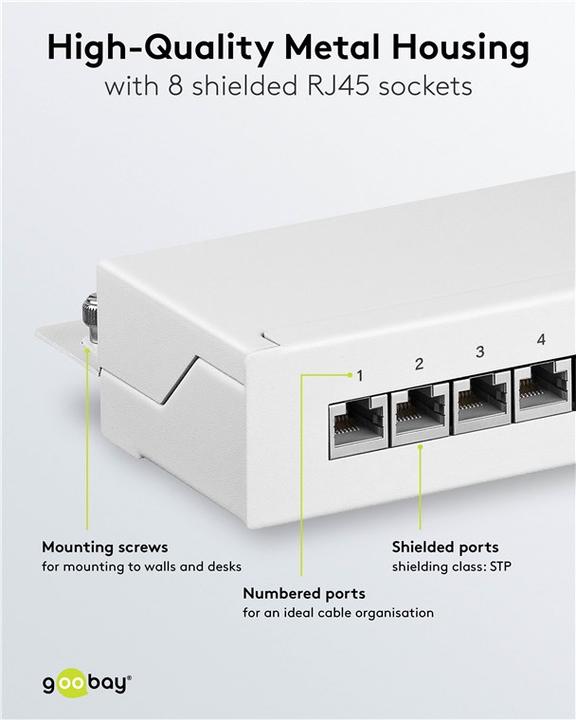 Produktbild Goobay CAT 6 Mini/Desktop Patch Panel, 8 Port, Weiss