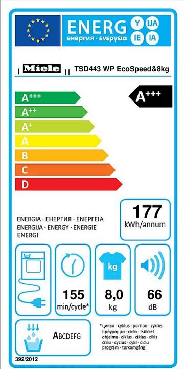 Energie-Label Miele TSD443WP EcoSpeed&8kg (8 kg, Links)