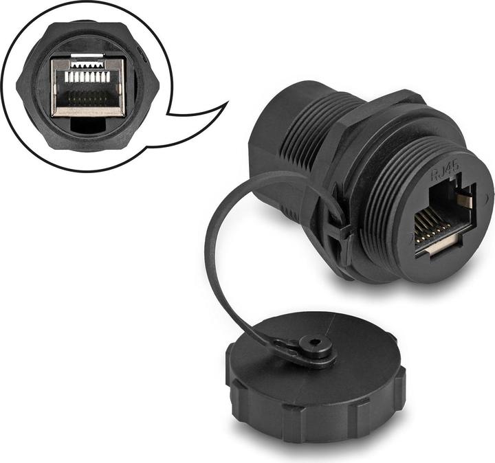 Produktbild Delock RJ45 Cat.6A Kupplung mit Verschlusskappe IP67 staub- und wasserdicht (Netzwerk Kupplung)