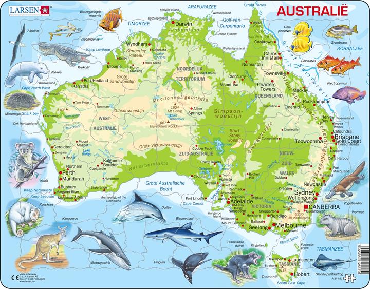 Selecta Spielzeug Larsen Puzzle-Karte Australien, geografisch mit Tieren, 65er (65 pieces)