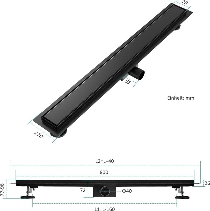 Produktbild Emke Duschrinne Edelstahl, Bodenablauf Komplettset Siphon mit Geruchsstop, Haarsieb, 800cm, Schwarz (800 mm)