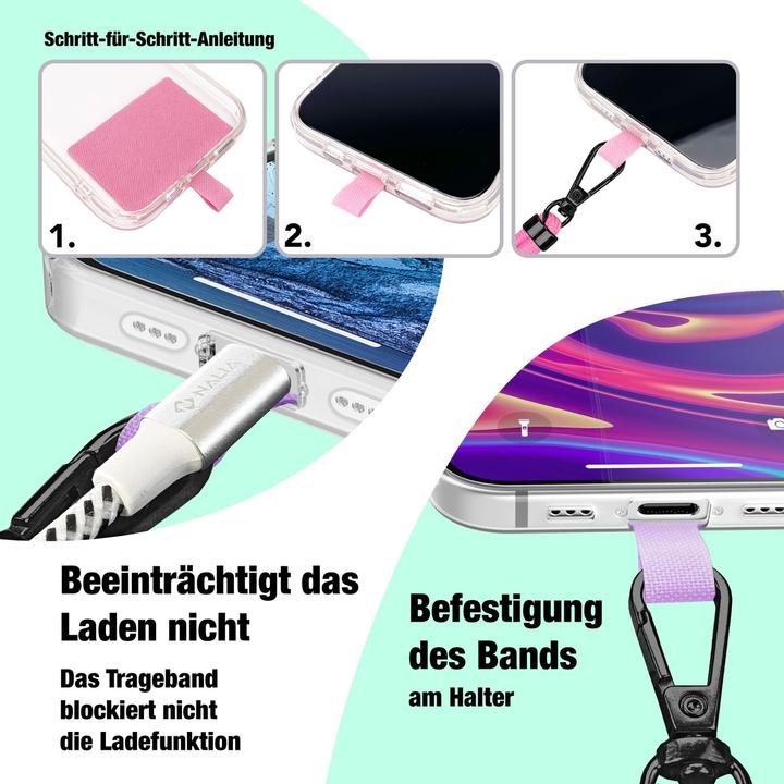 Produktbild Nalia Handyband + Pad für Hülle zum Umhängen, Karabinerhaken Anhänger aus Metall (matt schwarz)