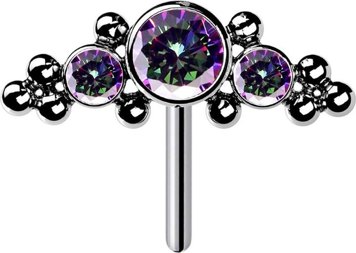 Star Piercing Threadless silber front mittig mit Kugeln und drei Kristalle dunkel multicolor (ohne Messing, Titan G23)