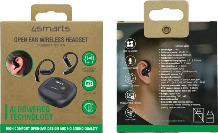 Produktbild 4smarts Open-Ear Bluetooth Kopfhörer SkyBuds AI Screen, Schwarz (28 h, Kabellos)