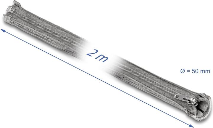 Produktbild Delock Geflechtschlauch mit Reissverschluss hitzebeständig 2 m x 50 mm grau (Kabelschlauch, 200 cm)