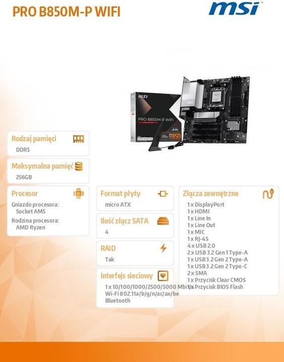 Produktbild MSI Pro B850M-P Wifi (B850,AM5,mATX,DDR5) (AM5, AMD B850, mATX)
