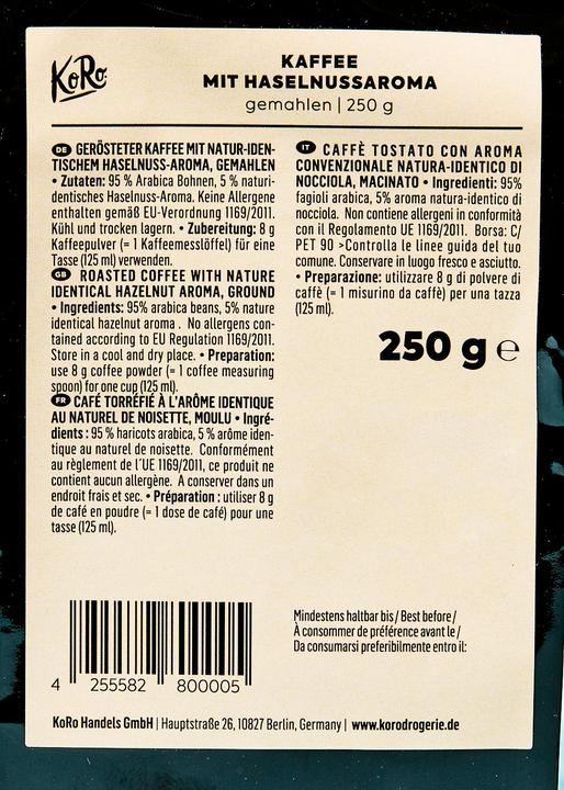 Nährwerte und Zutaten KoRo Gemahlener Kaffee mit Haselnussaroma 250 g (250 g)