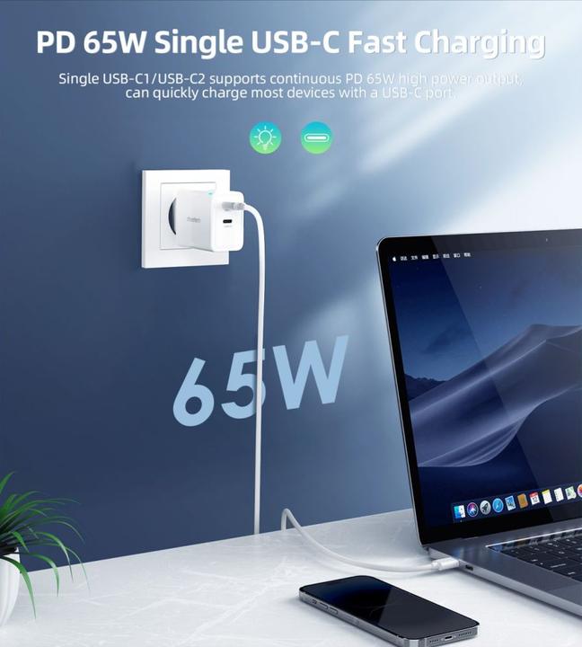 Actual product image Choetech PD6013 2x USB-C PD 65W GaN wall charger - white (65 W)